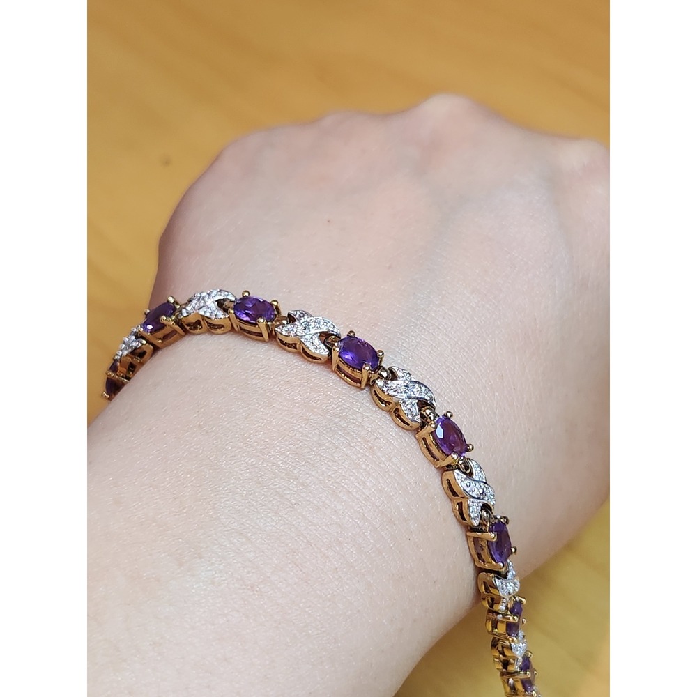 Sterling Silver Amethyst Tennis Bracelet 7.25" Gold Tone White Stones